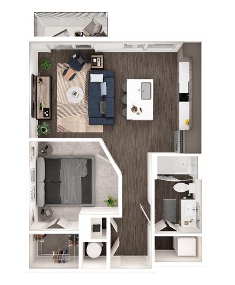 Floor plan for 1 bed, 1 bath, 633 sqft